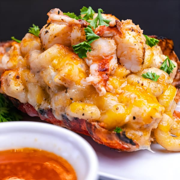 Noir Kitchen & Cocktails' grilled lobster tail topped with mac and cheese and parsley.
