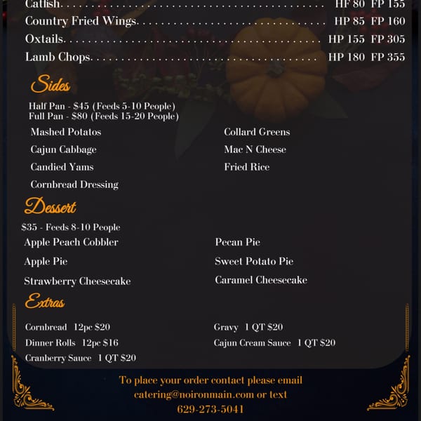 Noir Kitchen & Cocktails soul food catering menu with entrees, sides, desserts, and extras.