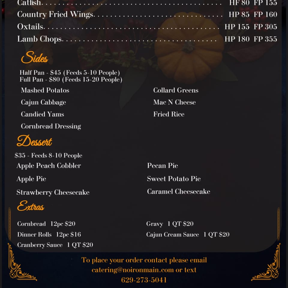 Noir Kitchen & Cocktails soul food catering menu with entrees, sides, desserts, and extras.