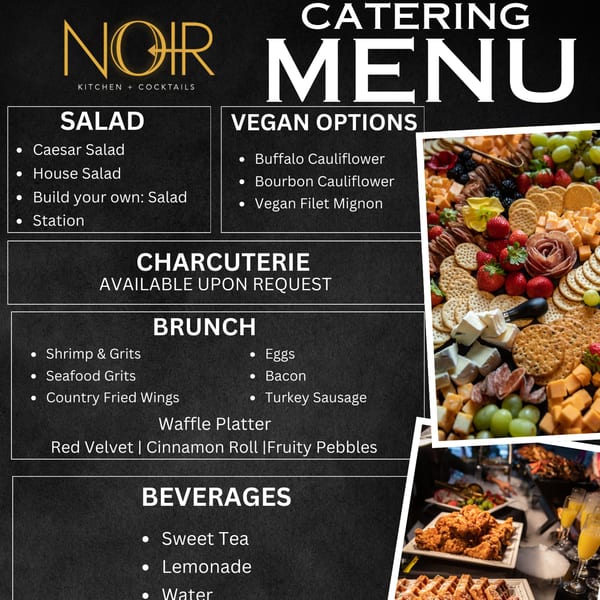 Noir Kitchen & Cocktails catering menu with charcuterie, fried chicken, waffles, and mimosas.