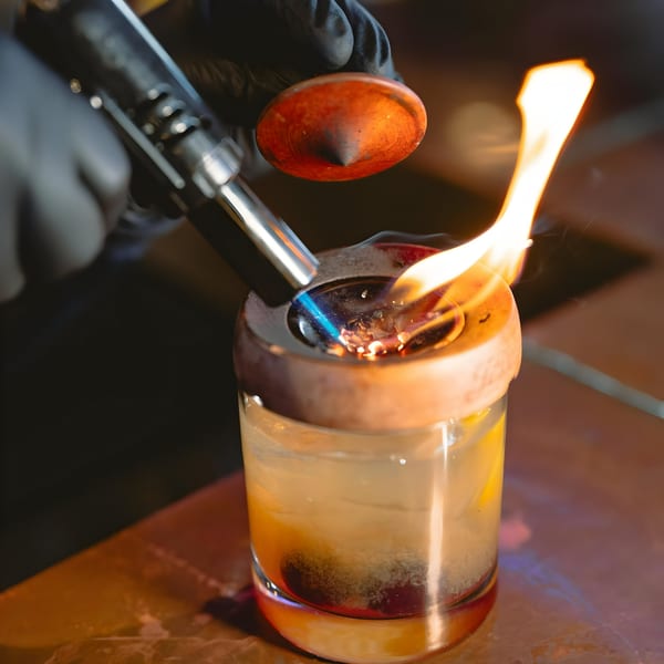 A bartender uses a torch to smoke a cocktail in a glass at Noir Kitchen & Cocktails.