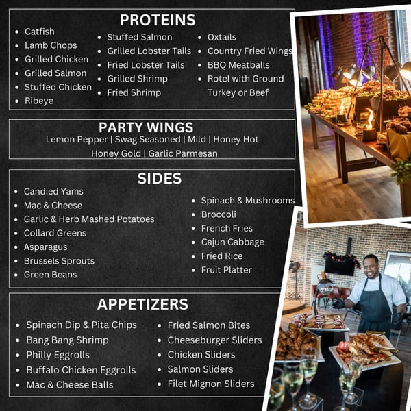 A chef stands proudly next to a buffet table laden with various soul food dishes and champagne glasses.