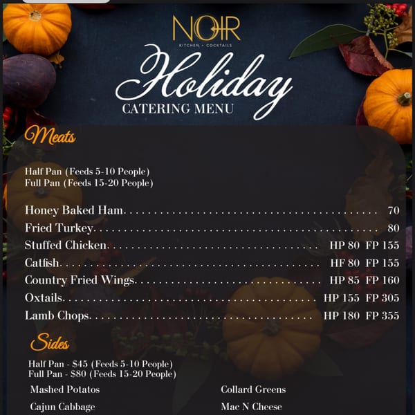 Noir Kitchen & Cocktails holiday catering menu with meats and sides, decorated with pumpkins and autumn leaves.