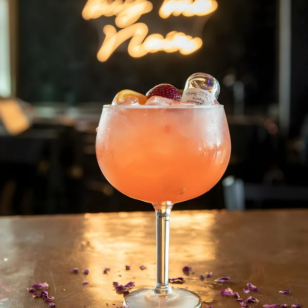 A vibrant pink cocktail in a large goblet, garnished with fruit and a miniature tequila bottle.